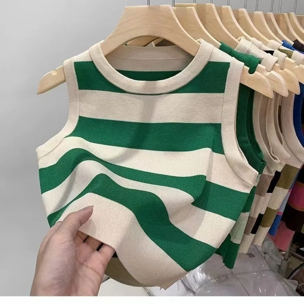 1PC Armpit Knitted Crop Top Round Neck Plaid Pattern Summer Fashion For Women Waistcoat