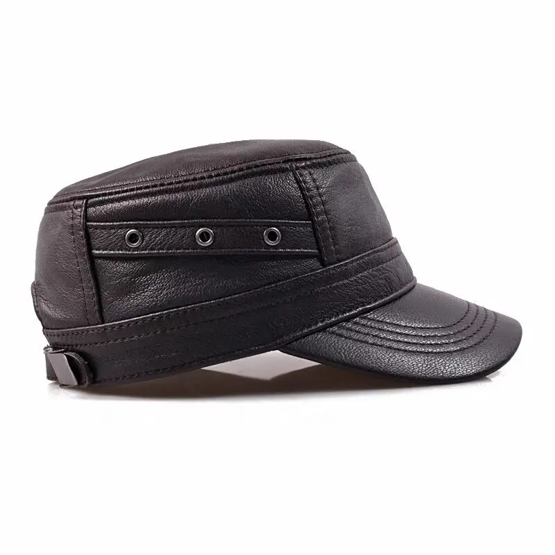 2023 Spring Men Genuine Leather Baseball Caps Male Casual Sheepskin Flat Army Cap Belt Warm 56-60 Flight Hats Adjustable