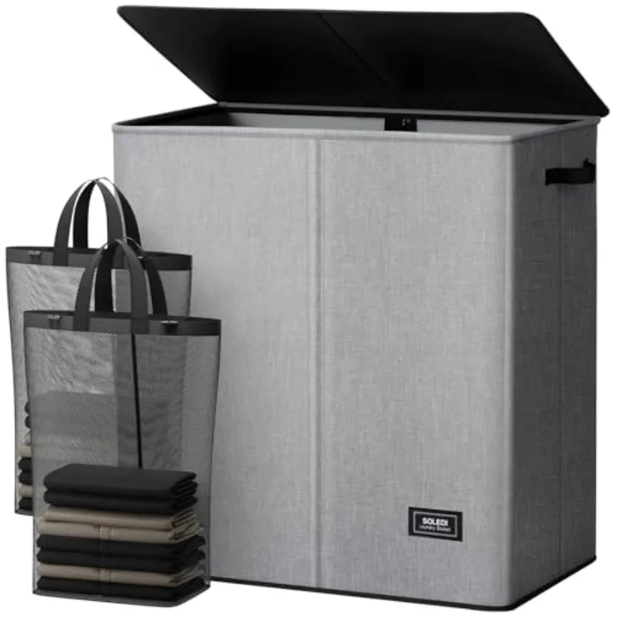 

Large Double Laundry Hamper with Lid, Collapsible Clothes Hamper 2 section with Removable Bags, Space-Saving Laundry Basket for