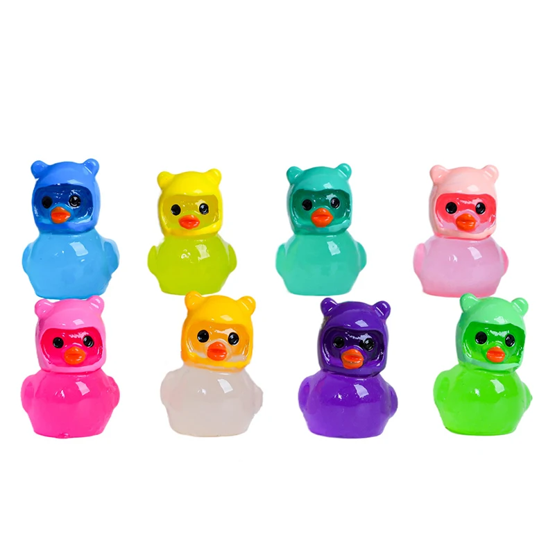 5Pcs Mini Resin 3D Luminous Little Bear Hat Ducks Ornament Dollhouse Scene Decor Accessories Pretend Play Toy Home Desktop Decor