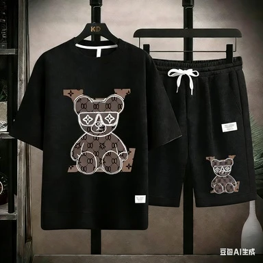 

2026 Men's Luxury Monogram Bear Print 2 Piece Outfit Waffle Knit T-shirt & Shorts Set Designer Style Casual Streetwear Tracksuit