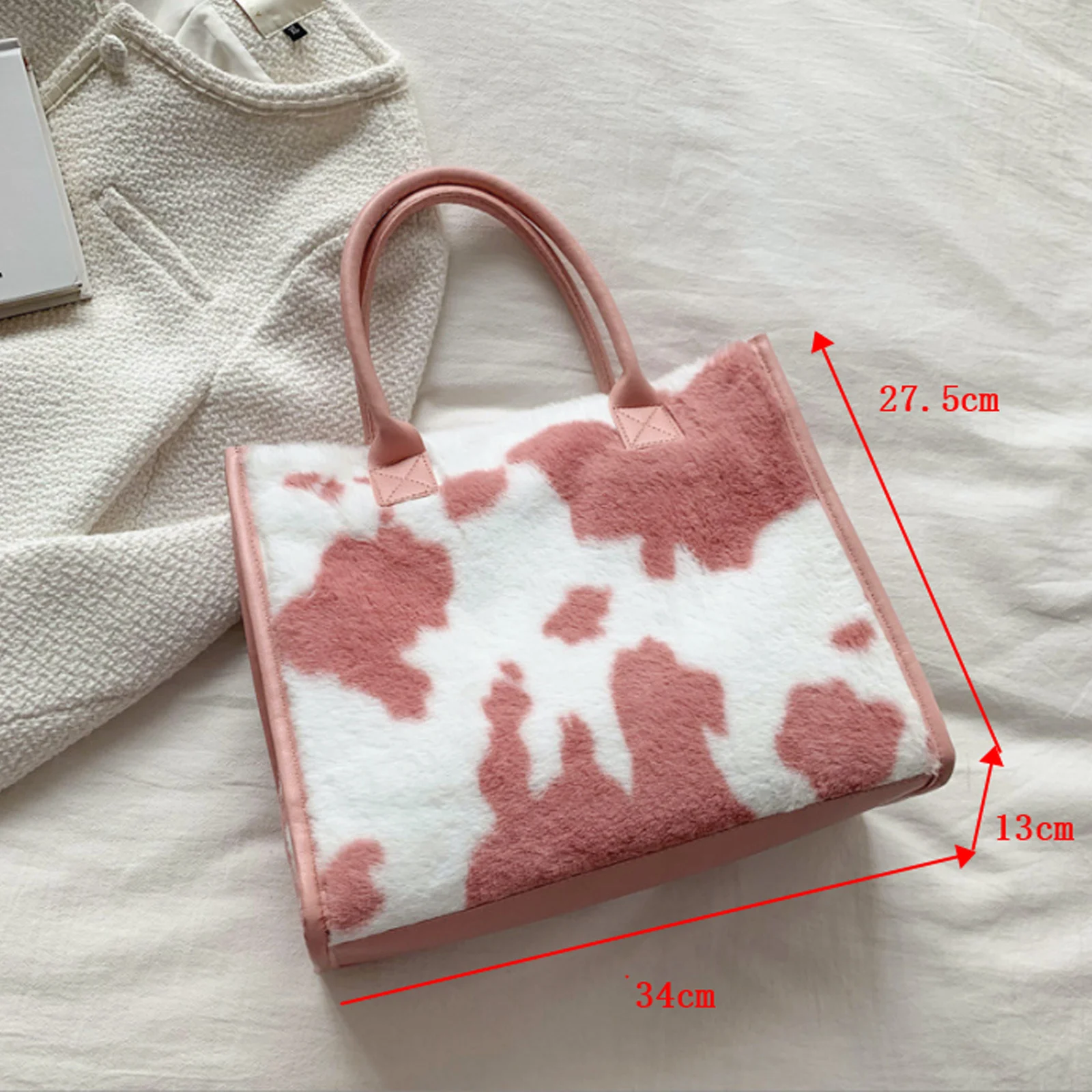 Fashion Women Shoulder Bag Plush Tote Shopper Bag Creative Cow Pattern Pluffy Underarm Bag Girls Fashion Handbags