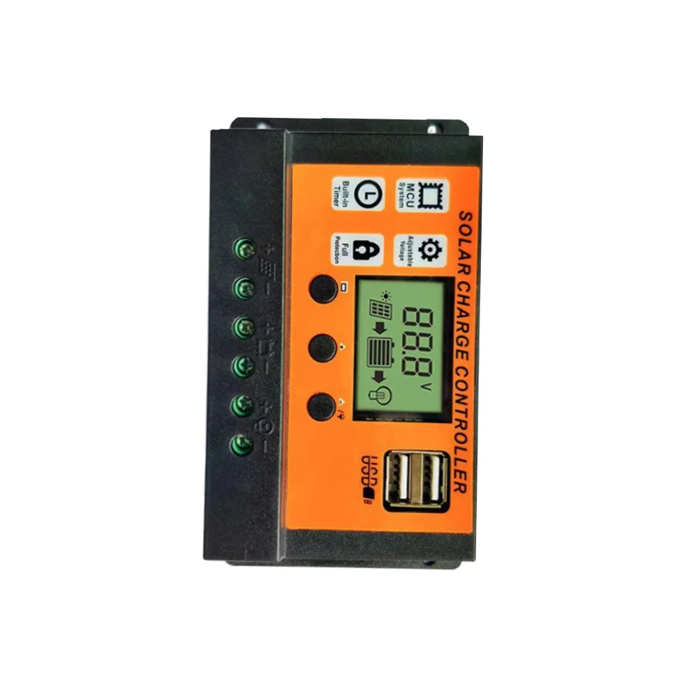 China Factory 10A-100A 12V 24V Auto Solar Charge Controller PWM Controllers LCD Dual USB 5V Output Solar Panel PV Regulator