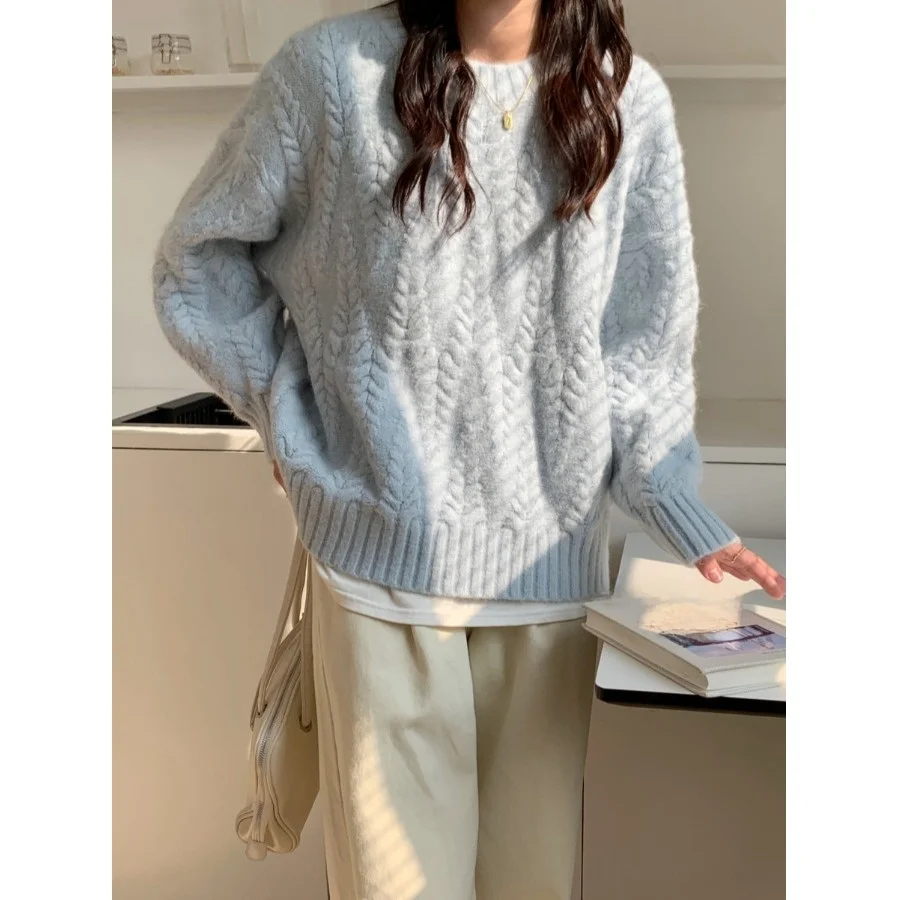 

Синий вязаный свитер Thiened, женский осенне-зимний новый Sle Lazy, высококачественный базовый слой, топ для поездок на работу, Long Sve Regular...