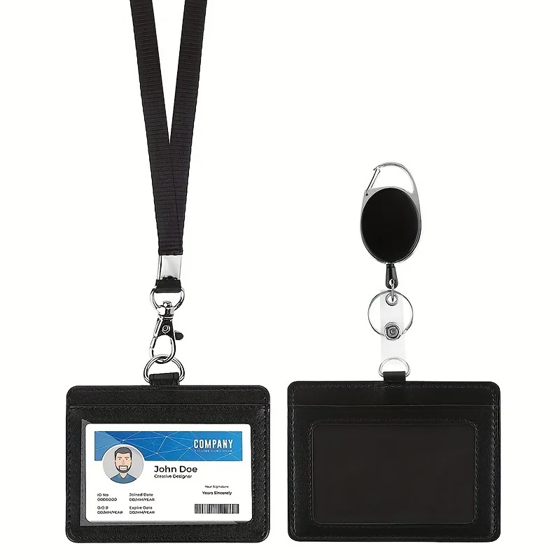 Leather Retractable Lanyard ID Badge Holder for Men And Women Bank Credit Card Case Bus Pass Strap Card Holder
