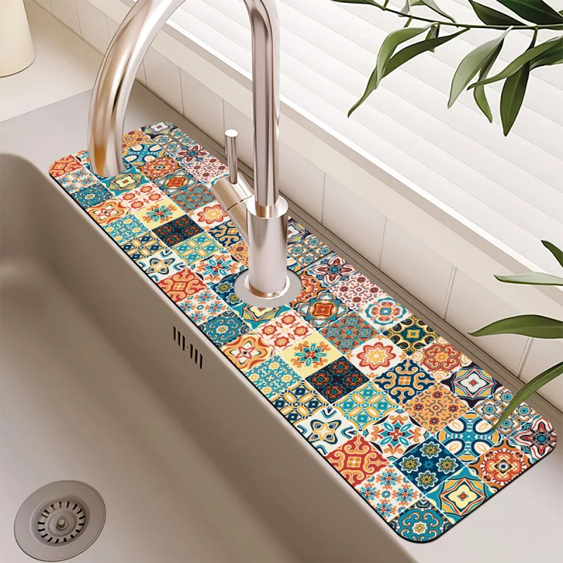 VIKAMA Moroccan Tile-Patterned Sink Splash Mat | Kitchen Faucet Drain Mat | Vintage Ethnic-Style Countertop Drain Mat