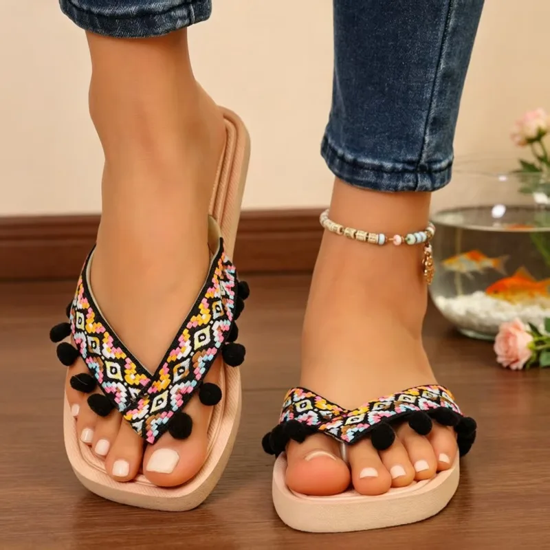 Women Ethnic Embroidery Pom Pom Trim Flip Flops Platform Thong Slip on Open Toe Casual Beach Outdoor Slippers