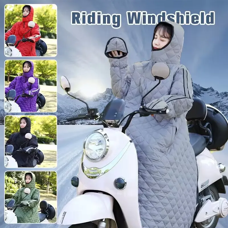 3 In 1 Winter Riding Windshield Quilt Coat Warm Cotton Coverall Hood Motorcycle Rain Wind Cold Protector Knee Scooter Leg Cover