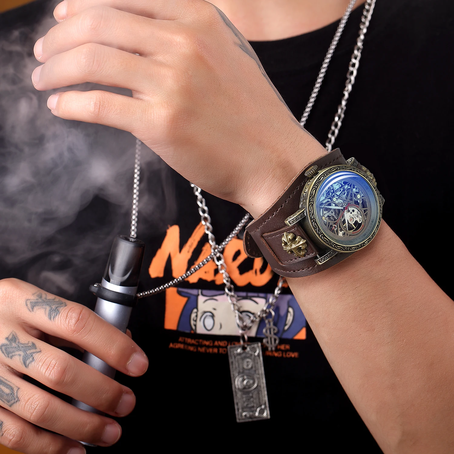 SHENHUA New Hollow-out Automatic Mechanical Watch Steampunk Rock Style Men Watch Blue Glass Luminous Waterproof Watches