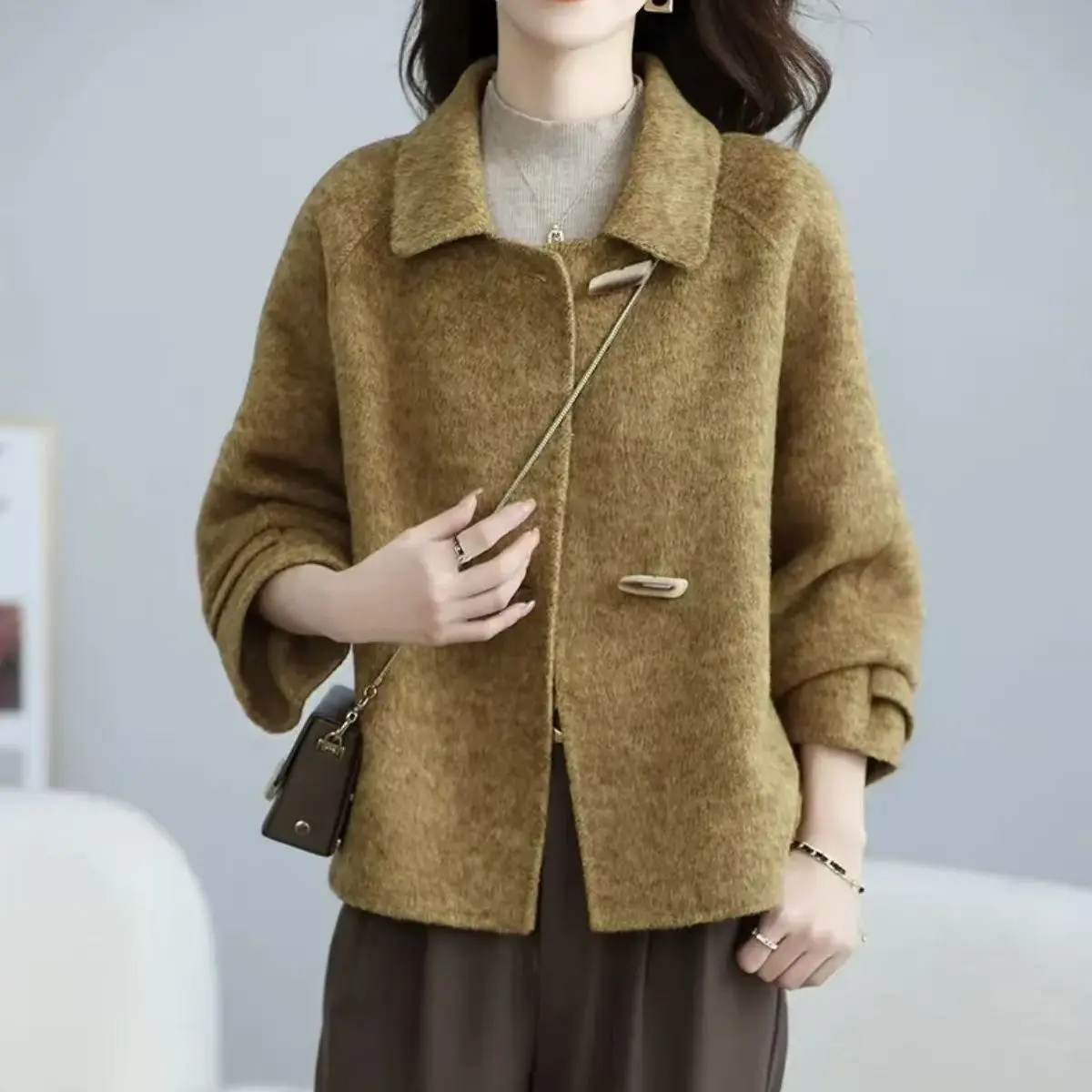 

ay Woolen Coat Women's Casual Sle Fall Winter New Design Sensation Lady Small Size Lazy Faion Outerwear Long Sve Pol...