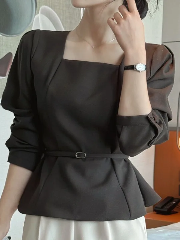 Elegant Chic Women's Shirt Vintage Square Collar Waist-Cinching Coarse Weave Stylish Top Korean Style Long Sleeve Bubble Sleeve
