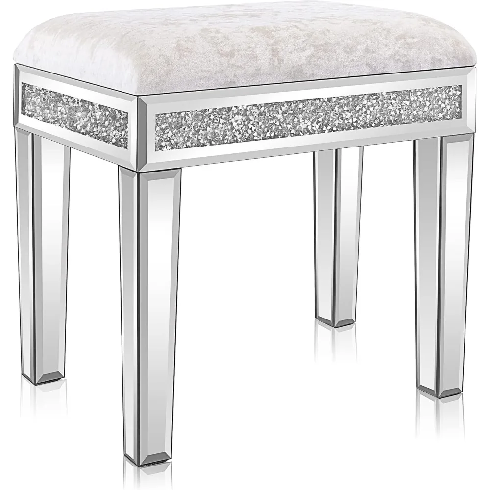 

Mirrored Vanity Stool with Storage, Upholstered Velvet Ottoman, Makeup Dressing Table Bench with Sparking Diamonds, Silver