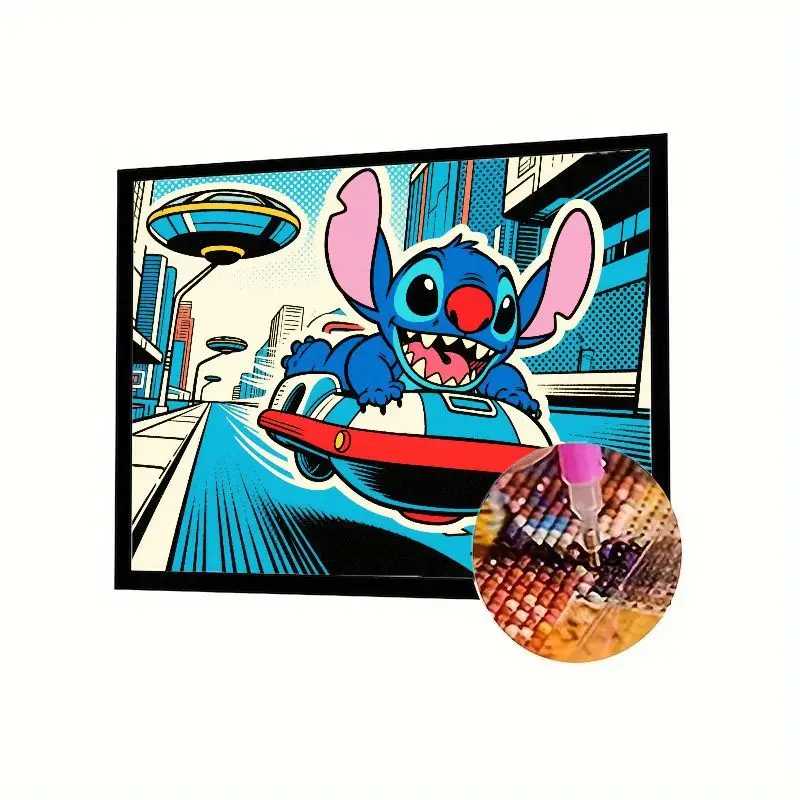 

1PC Disney Stitch 5D Diamond Painting Kit, Full Drill Cartoon Stitch Driving Flying Car in Futuristic Pop Art City, DIY Rhinesto