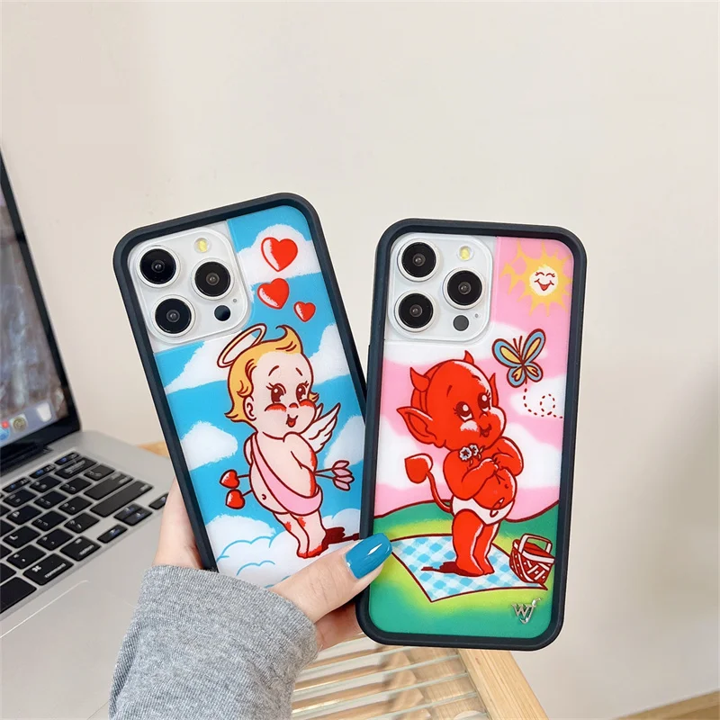 Wildflower Cartoon Demons Dolphin Panda Monkey Case For iPhone 13 12 14 15 16 Pro Max WF Cute Heart Love Cloud Angel Wings Cover