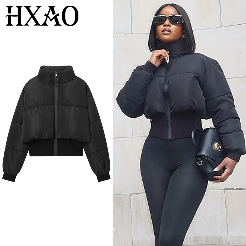 

HXAO укороченная черная стеганая куртка женская куртка зима 2025 водолазка с длинным рукавом легкие стеганые куртки анорак верхняя одежда