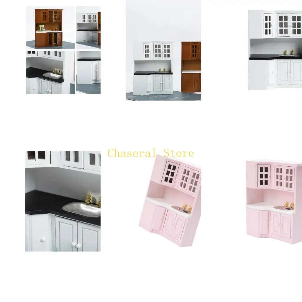 E7CE 1/12 Dollhouses Kitchen Cabinet Miniature Furniture with Sink Craft Project Model Kitchen Room Scene Decorative Accessory