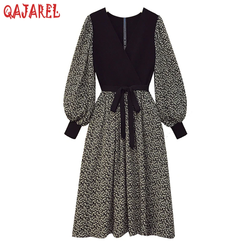 

Женское трикотажное платье-миди с цветочным принтом, черное хлопковое шифоновое платье составного кроя с длинным рукавом и V-образным вырезом, Элегантное повседневное платье в Корейском стиле, осень 2024