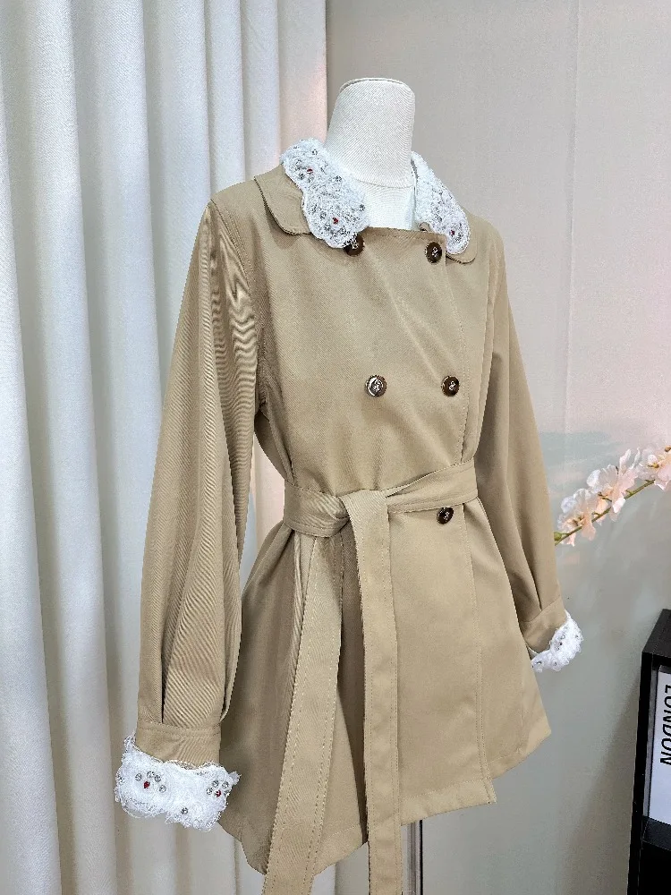 

Autumn Chic French Elegant Lace Doll Collar Design Jacket 2000s Aesthetic Korean Popular Retro Women's Trench Coat Woman Clothes