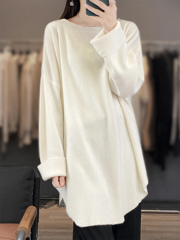 Fashion Women Round Collar Sweater 100% Merino Wool Pullovers Autumn Winter Loose Cashmere Knitwear Female Clothes Korean Tops