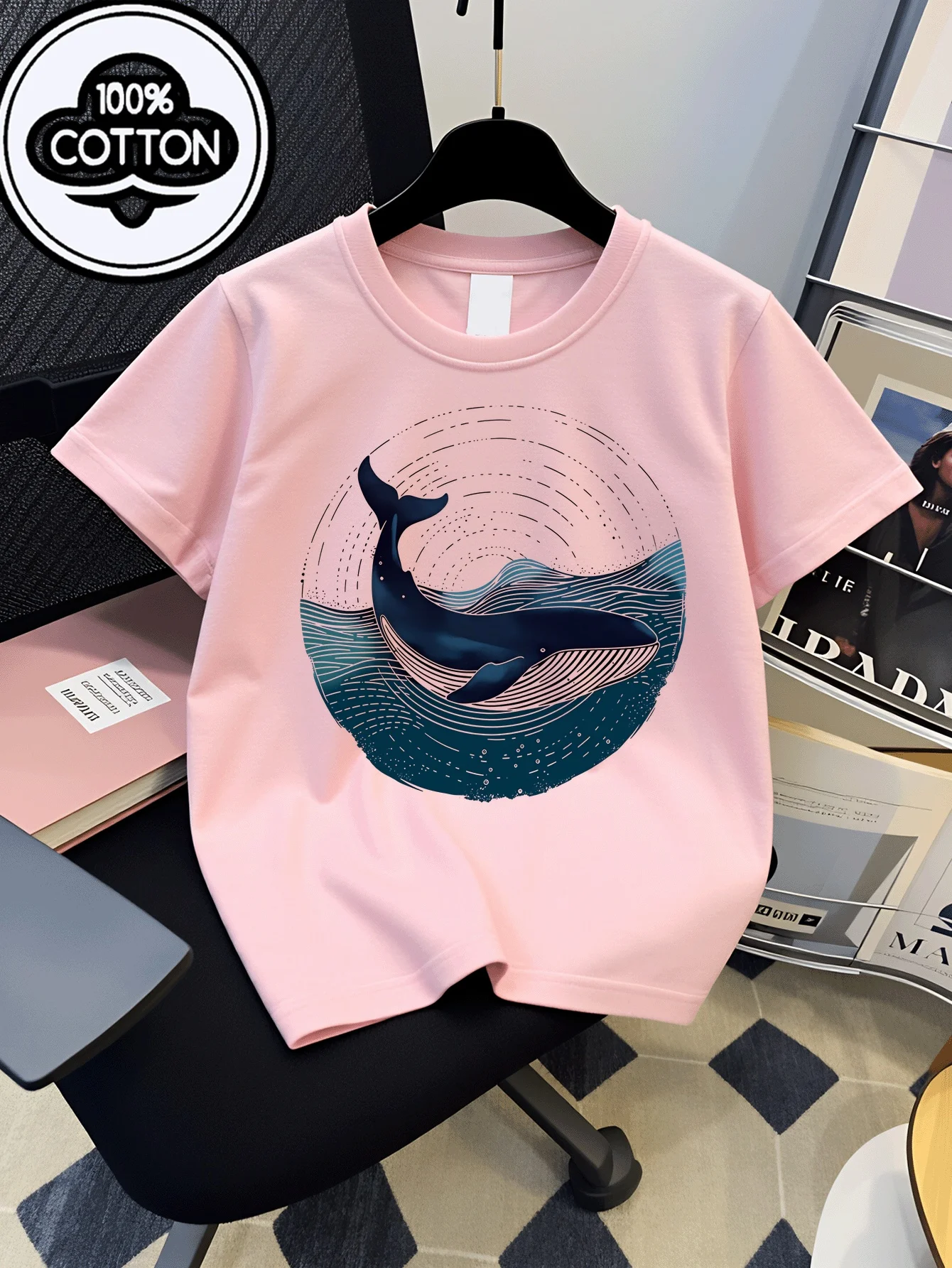 Whale Ocean Wave Sun Burst Pattern Art Printed T-shirt Design Breathable and Comfortable Round Neck Casual Yoga Top
