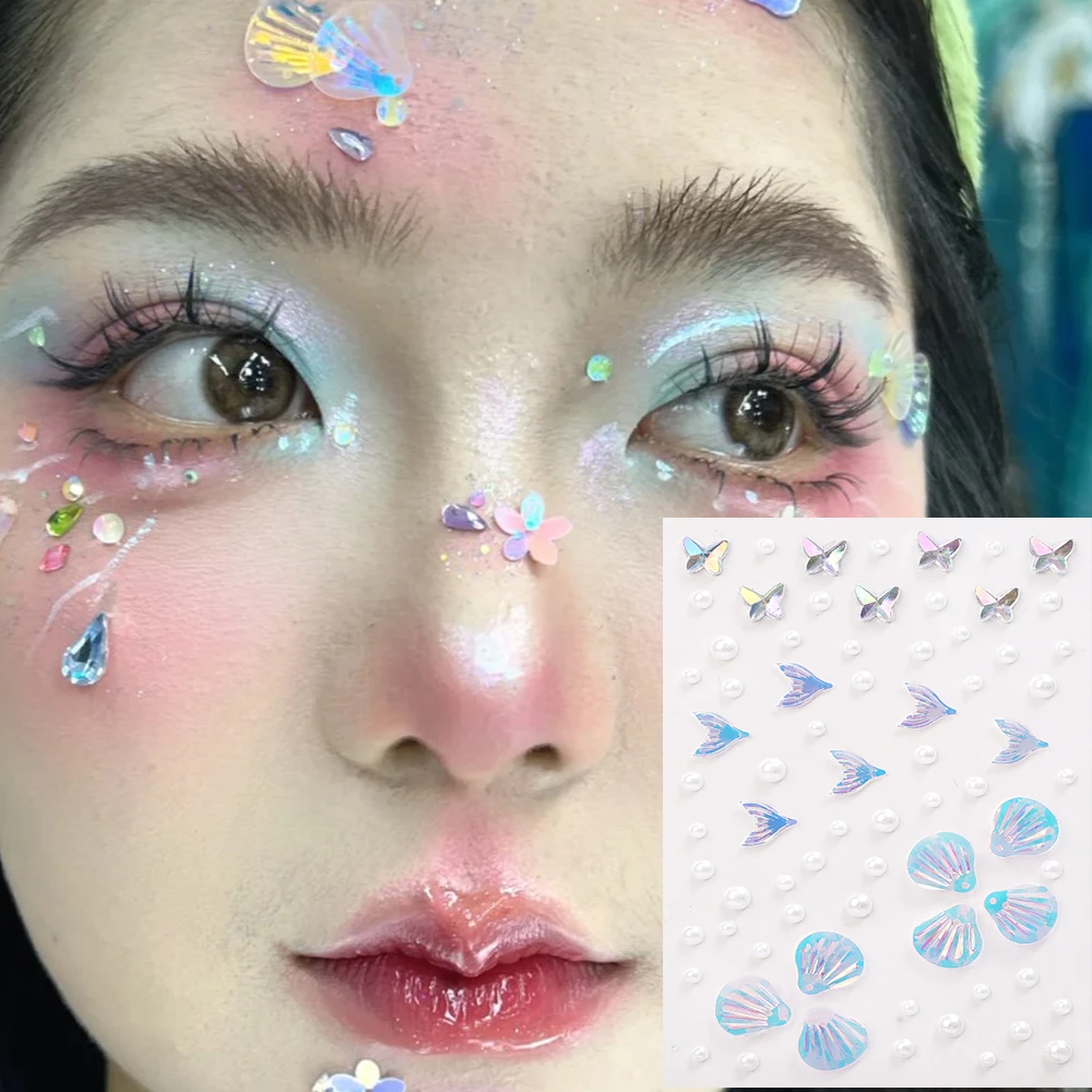 Colorful Butterfly Mermaid Tear Diamond Face Sticker Sparkling Diamond Water Droplets on The Face and Eyes Pearl Makeup Tools