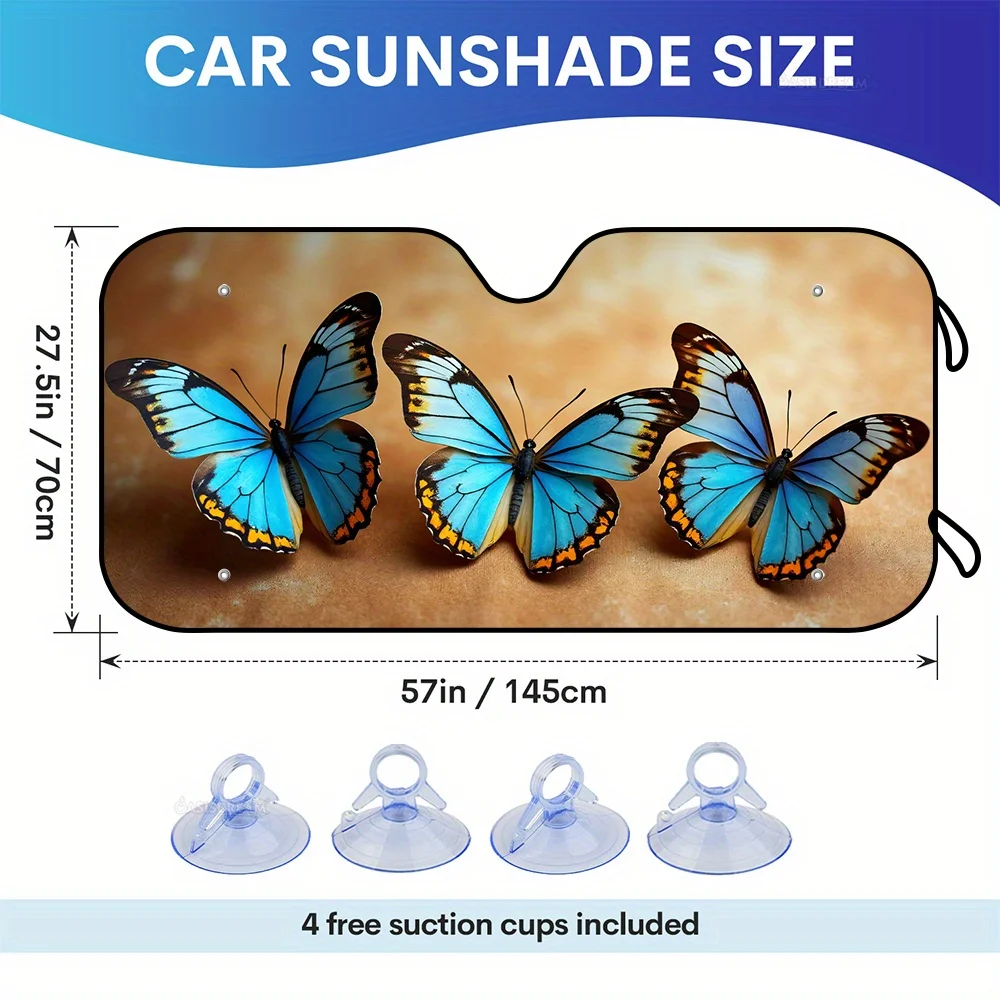1pc OASISDREAM Three Blue Butterflies Design RV Truck Windshield Sunshade - 57