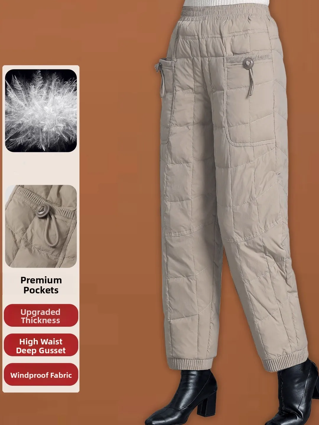Women's Lightweight down Cotton Pants Windproof Warm Casual Patchwork Fashionable Boot Pants High Waist Straight Leg Trousers