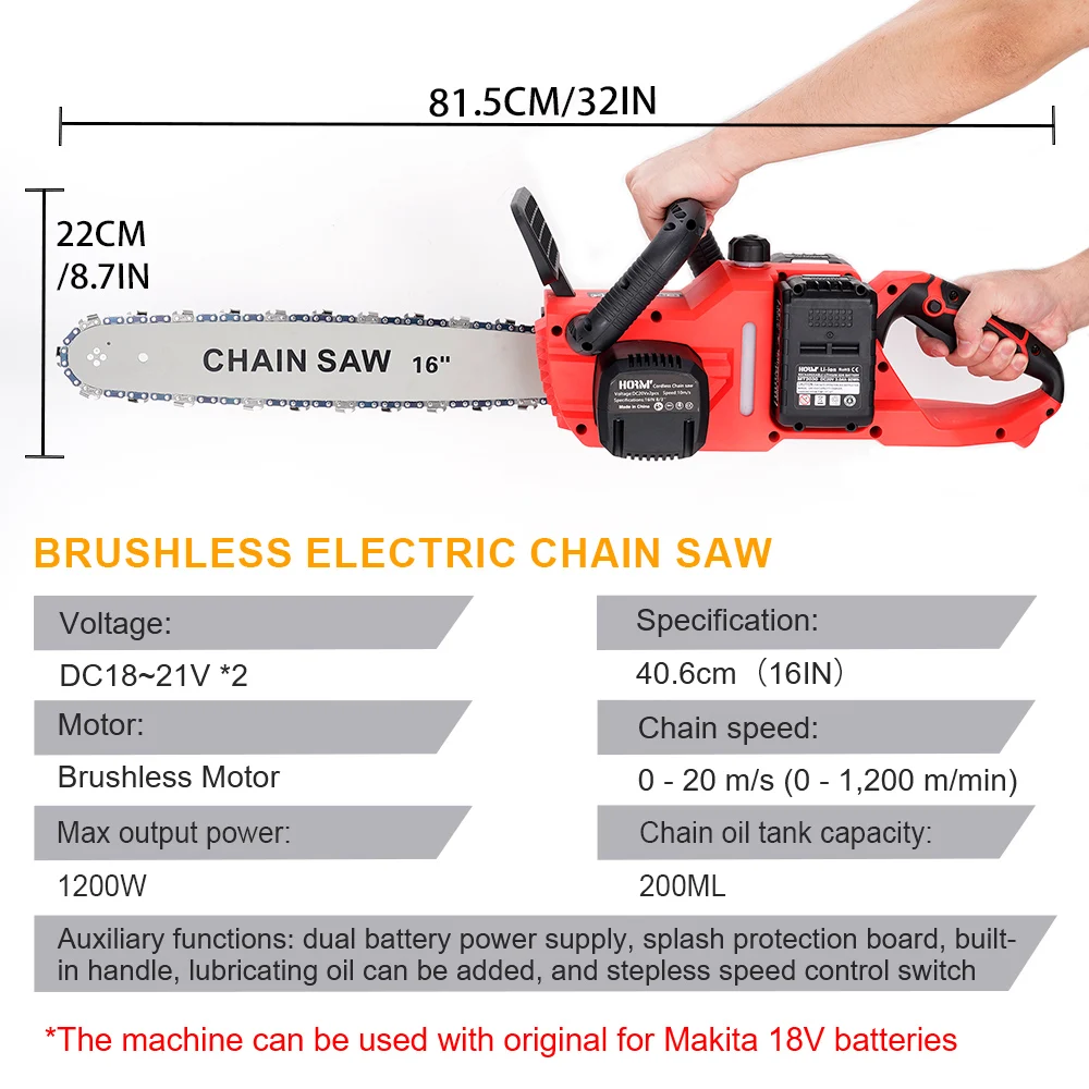 16Inch Brushless Electric Chain Saw Portable Chainsaw Rechargeable Cordless Graden Pruning Handheld Tools for Makita 18V Battery