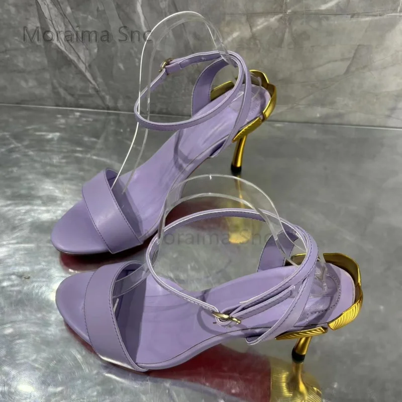 

Gold Heel Blue Purple High Heeled Women's Sandals Open Toe One Strap Leather Sandals Summer Stiletto Buckle Strap Party Shoes