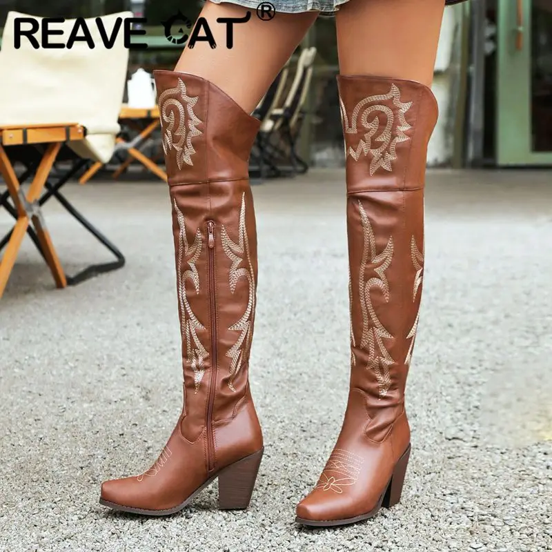 REAVE CAT Thigh Boots Women Toe Chunky Heels 7cm Embroider Size 42 43 Leisure Daily Female Booty