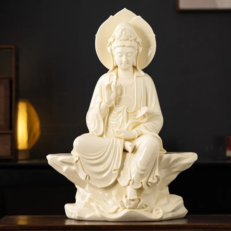 White Ceramic Guanyin Statue Ruyi Bodhisattva Figure Home Decor Living Room Entrance Shelf Ornament Zen Buddhist Art Gift