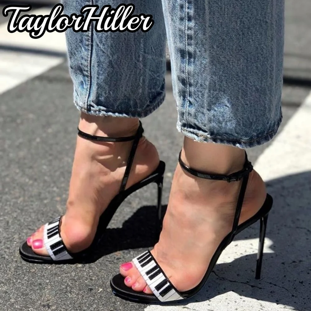 TaylorHiller Women Piano Heeled Sandals Key Print Stiletto Open Toe Ankle Buckle Strap Thin High Heels Ladies Party Club Shoes - view 4