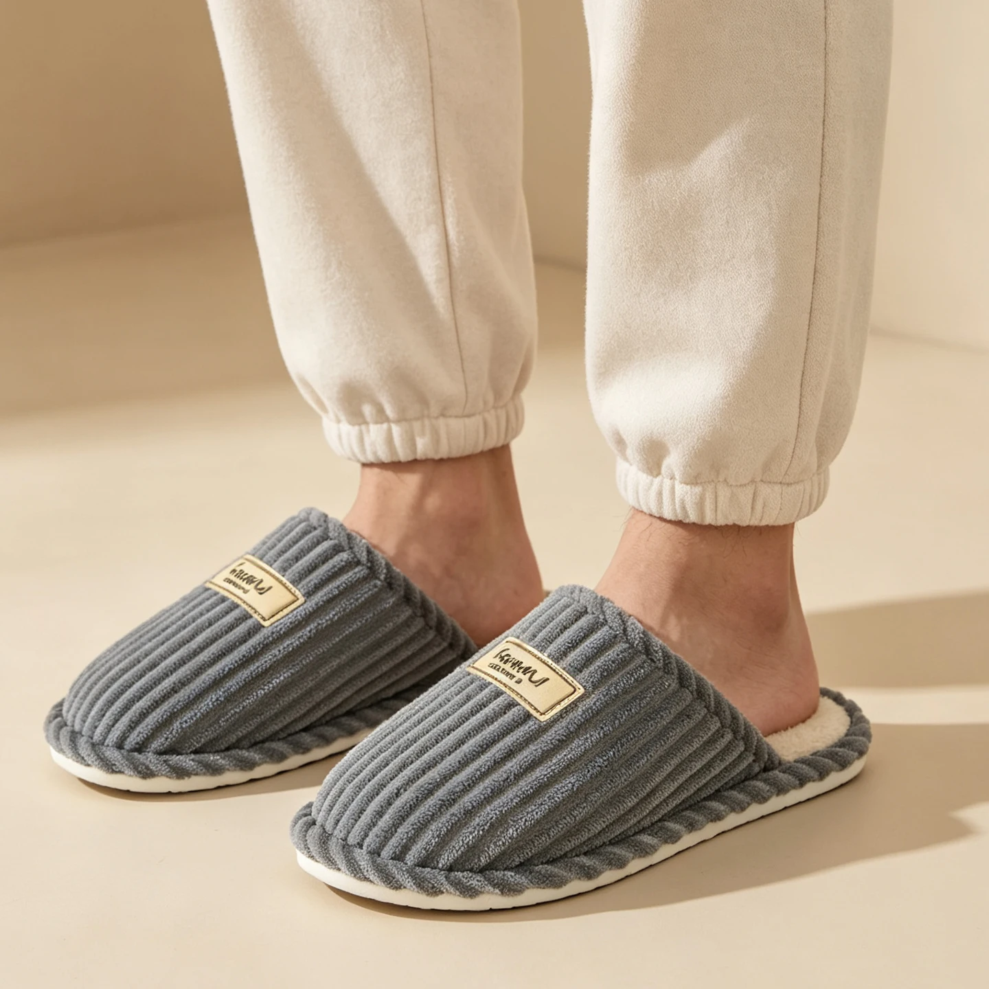 Men's Striped Corduroy Mule Slippers Winter Warm Plush Lined Slip-on House Slippers Couple Non-slip Indoor Bedroom Home Shoes