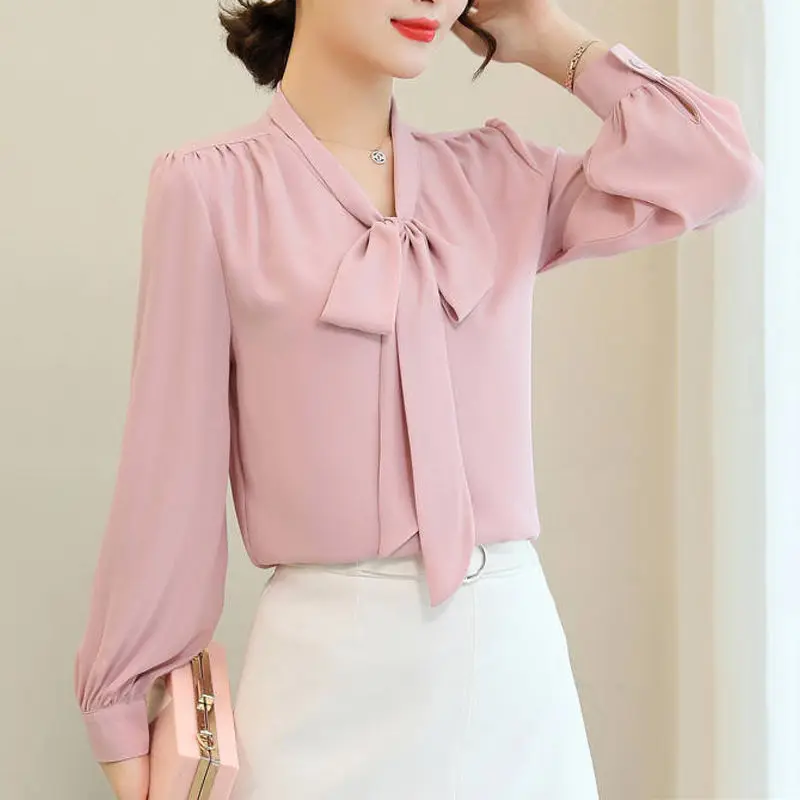 2025 Wiosenna koszula Nowa szyfonowa koszula damska Koreański styl Kokarda Temperament Top Modny i smukły