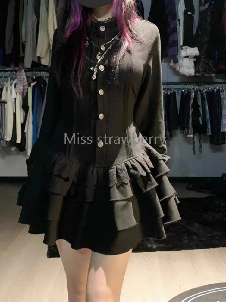 Spring Vintage Gothic Style Lace Up Dress Women Design High Street Black Lolita Slim Dresses 2025 Y2k Lace Long Sleeve Clothing - Image 5