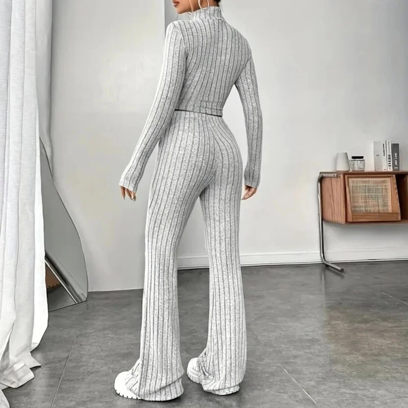 Elegent Knit Pullover Trouser 2 Pcs Set Women Slim Half High Collar Full Sleeve Top Solid Pant Suit 2025 New Lady Sport Outfits