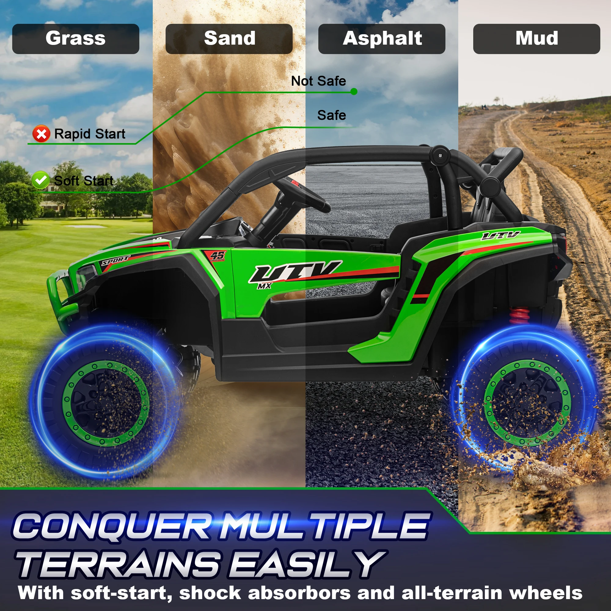 24V Ride on Car, 2 Seater XL 4X4 Off-Road UTV w/RMP2000W Powerful Motors, Remote Control, Bluetooth Music, LED Lights