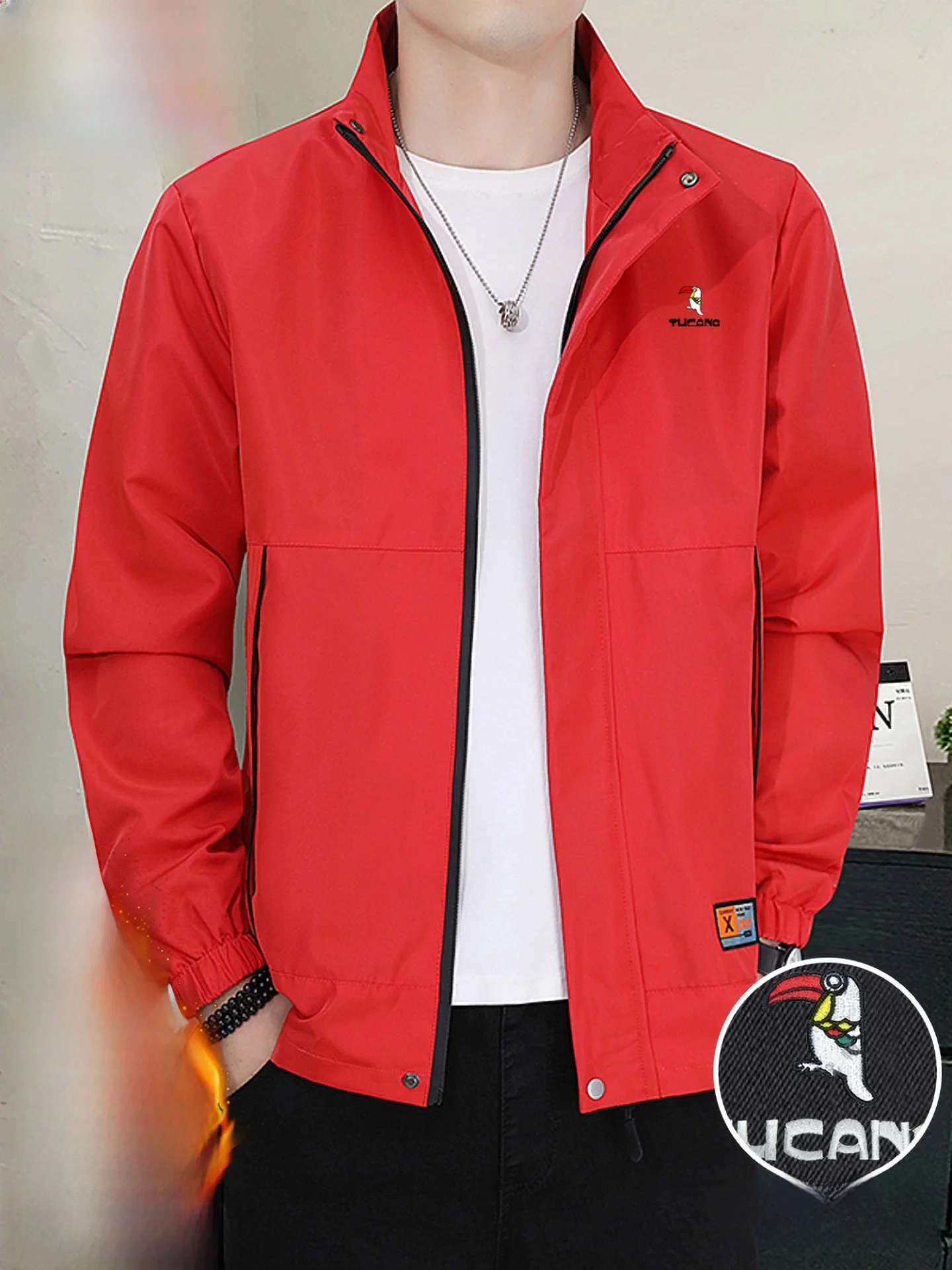 

Red Embroidered Fce Lined Casual Jaet Stand Collar Youth Faion Spring Autumn Men's Clothing Warm Polyester Fabric