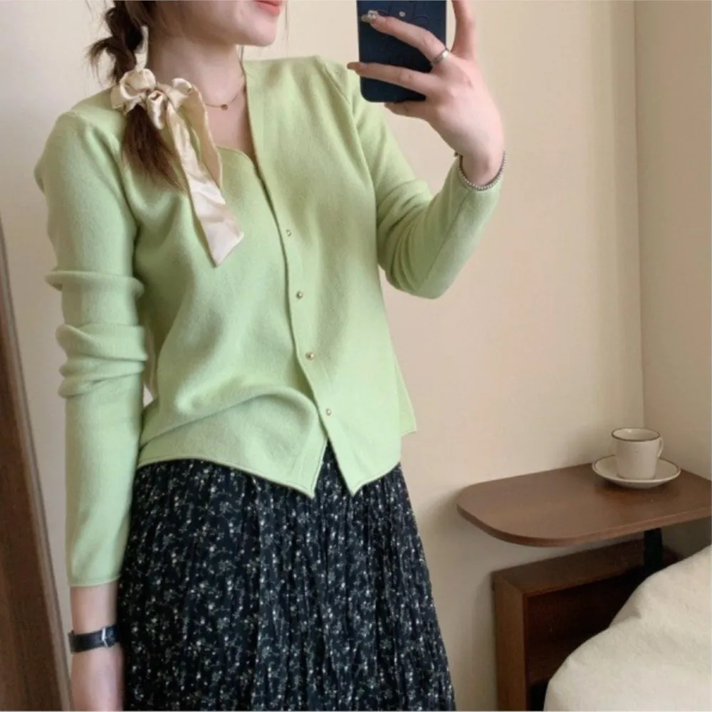 Cardigan tricoté pour Femmes, col en v, pull fin, haut ample, tendance, tout-assorti, tempérament, Style Simple, vêtements décontractés