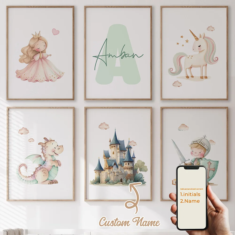 

6pcs Personalized Custom Name Cartoon Princess Prince Wall Art Print Picture Canvas Poster Painting For Living Room Home Decor