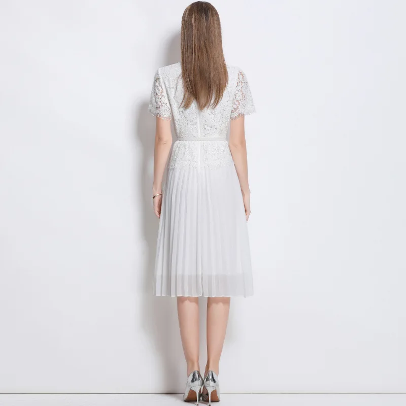 ชุดเดรสยาวผ้าตาข่ายแต่งลูกไม้เอวสูงสำหรับฤดูร้อน พร้อมเข็มขัด คอเหลี่ยม กระโปรงบาน กระดุมเดี่ยว เสื้อคลุม Dr Sli แบบพัน