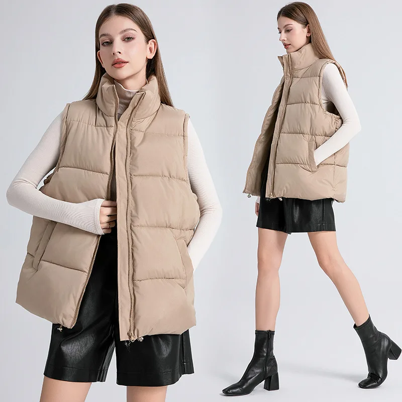 Sleeveless Padded Jacket Winter Women's Mid-Length Vest Collar Warm Cotton Vests Solid Color Thickened Outerwear