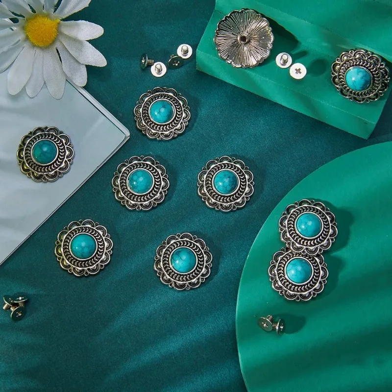 10 Sets Turquoise Buttons Screw Back Buttons Western Style Buds Daisy Button Sunflower Decorative Buckle Vintage Flower