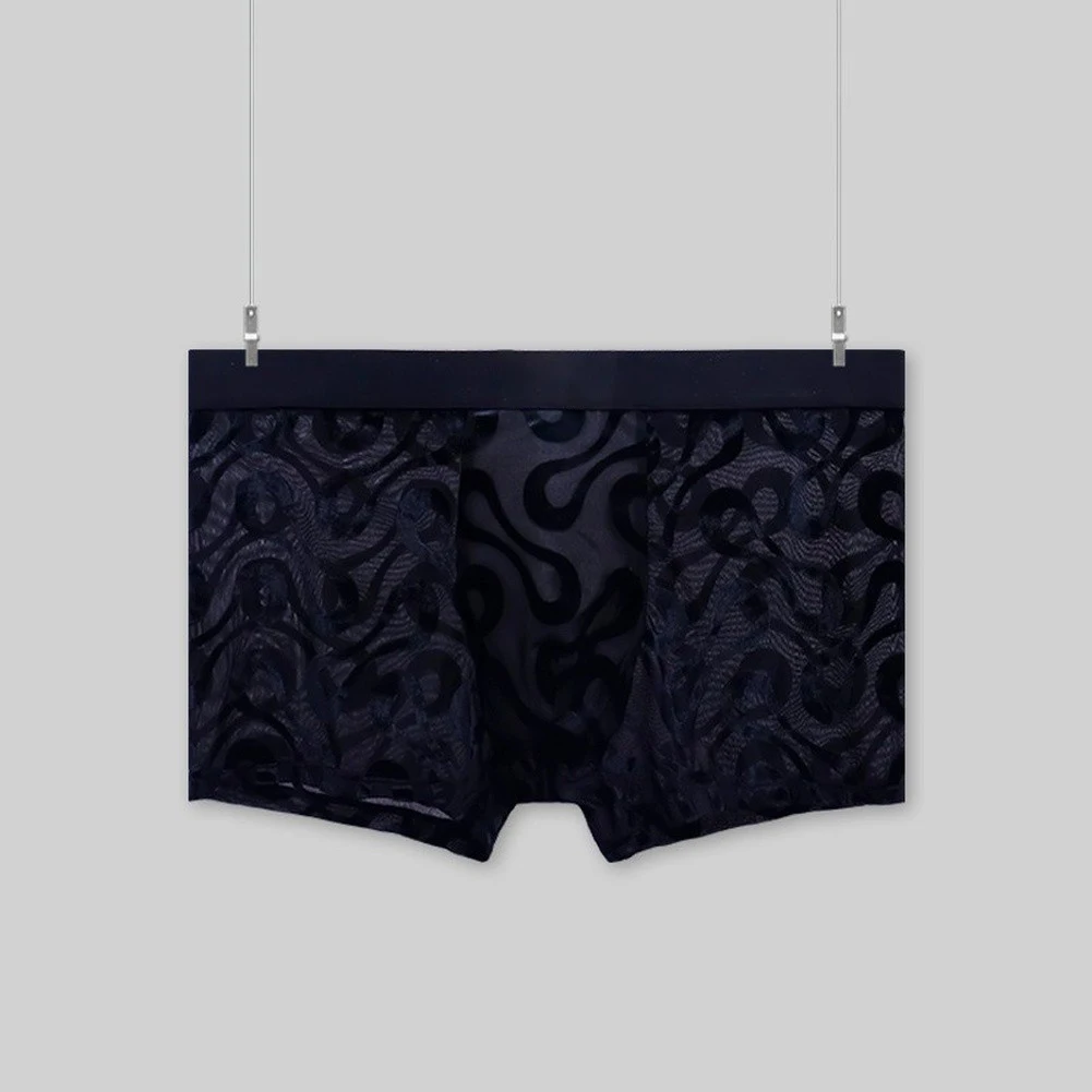 Men's Velvet Flocked Ice Silk Mesh Boxer Shorts With U Convex Pouch High Elastic Breathable Sports Underwear Trunks
