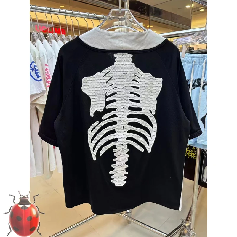 Kountry Hand Bone KAPITAL Baseball Short Sleeve Shirt Men Women Back Embroidery Skulls Skeleton Pattern Casual Shirts Tops