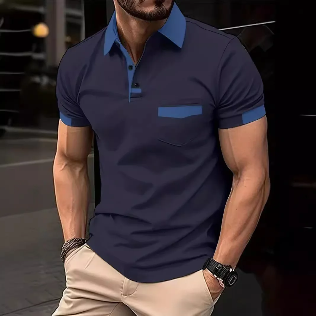 Summer Men's Color Matching Pocket Polo Shirt Sports Polo Shirt