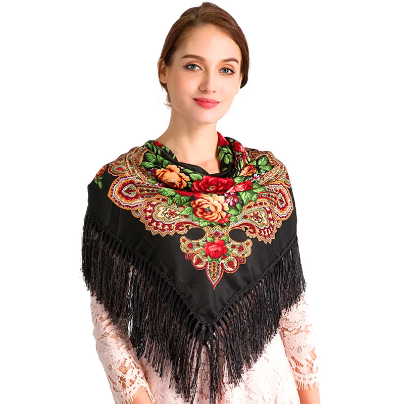 

Women Vintage Fringes Poncho Floral Printed Square Scarf Handkerchief Tassel Shawl Head Wraps Warm Cloak Boho Retro Winter