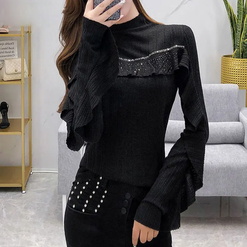 Stylish Solid Color Ruffles Spliced Shirt Spring Autumn Slim Basic Half High Collar Female Clothing Chic Diamonds Knitted Blouse