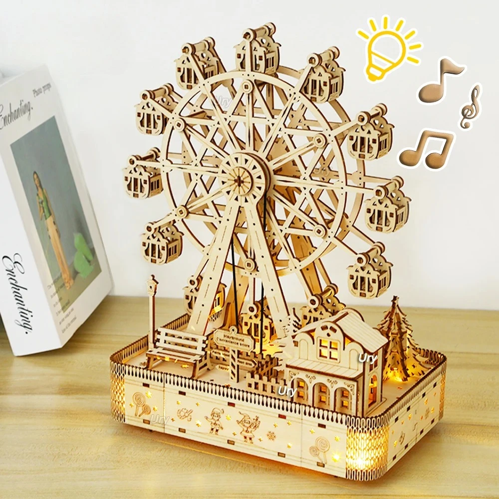 

Ury 3D Wooden Puzzles Led Rotatable Ferris Wheel Music Octave Box Model Mechanical Kit Assembly Decor DIY Toy Gift for Kid Adult
