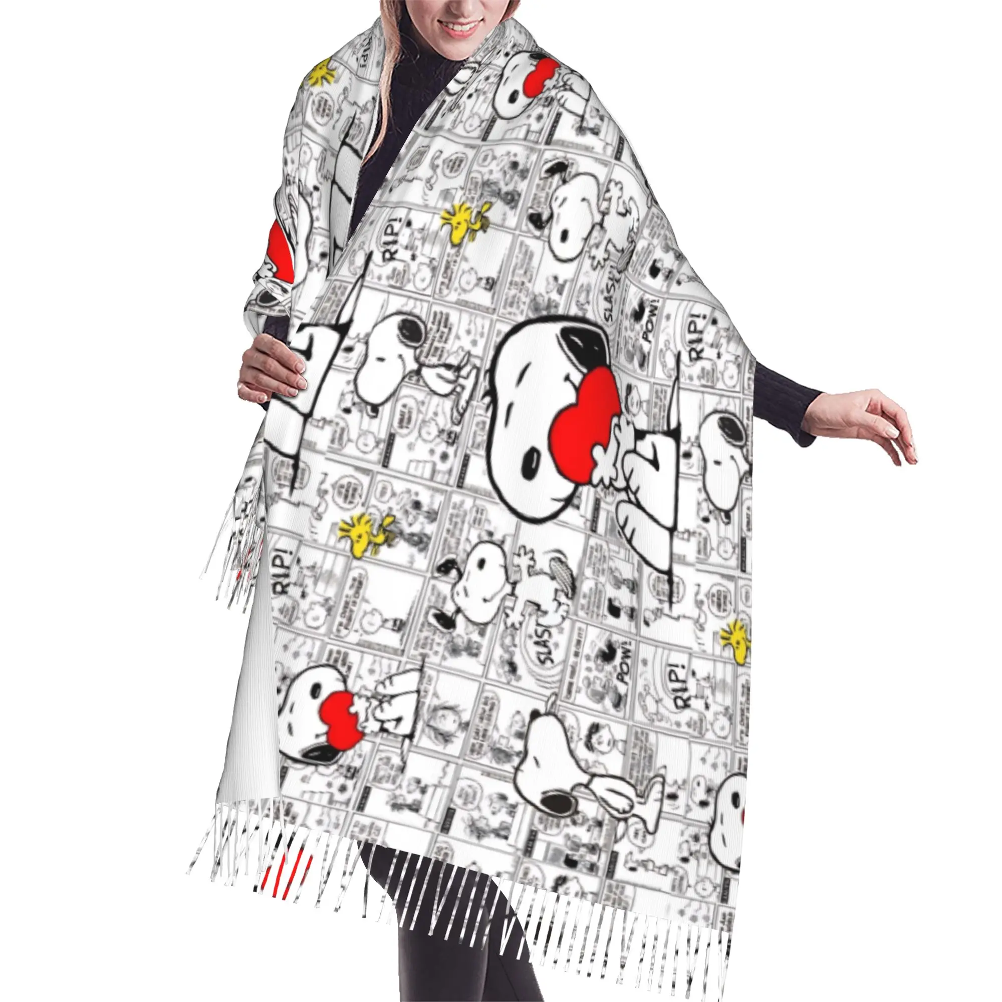 Custom S-snoopied Dog Tassel Scarf Women Soft Anime Manga Shawl Wrap Lady Winter Fall Scarves